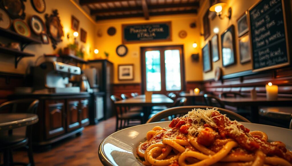 A cozy, authentic trattoria in the heart of Italia. A timeless interior with warm, golden lighting, terracotta tiles, and rustic wooden furniture. Charming details like hand-painted ceramic plates, a vintage espresso machine, and a chalkboard menu adorn the space. In the foreground, a plate of fresh pasta with a rich, creamy sauce and a sprinkle of parmesan. The aroma of garlic, herbs, and simmering tomatoes fills the air, inviting diners to savor the flavors of traditional Italian cuisine. Candlelight flickers, casting a soft, intimate glow throughout the intimate dining room. This classic trattoria transports you to the streets of Rome, where the focus is on simple, high-quality ingredients and the joy of gathering around the table.