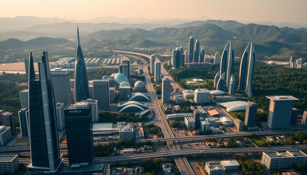 A grand, modern cityscape showcasing the vision for Indonesia's new capital city. In the foreground, sleek, futuristic skyscrapers and infrastructure projects rise up, their glass facades reflecting the sky. In the middle ground, well-planned residential and commercial districts sprawl out, connected by efficient transportation networks. In the background, lush, verdant hills and forests create a natural, sustainable backdrop. Warm, diffused lighting casts a sense of optimism and progress, while the composition emphasizes the scale, ambition, and careful planning of this new metropolis. Convey a sense of Indonesia's bold, forward-thinking approach to urban development and nation-building.