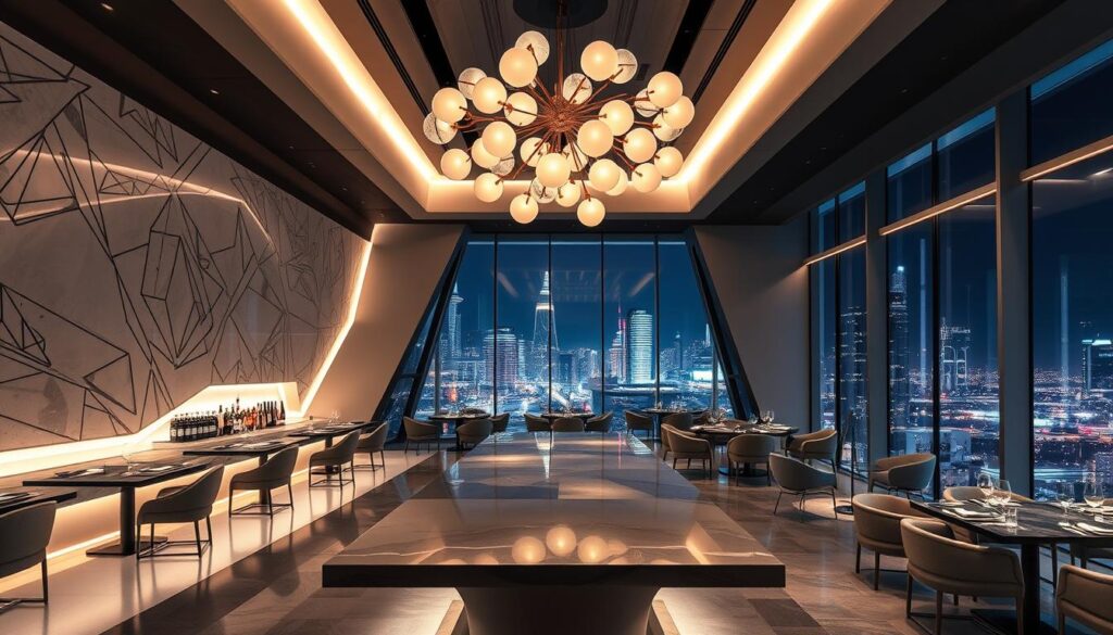 A sleek, futuristic restaurant interior with a striking, angular design. The main focal point is a large, backlit bar with a glossy, metallic surface that reflects the ambient lighting. Overhead, an intricate lighting fixture resembles a constellation of glowing orbs, casting a warm, ethereal glow throughout the space. The walls are adorned with abstract, geometric patterns that create a sense of depth and visual interest. Large, floor-to-ceiling windows offer a panoramic view of a bustling, neon-lit cityscape, hinting at the high-end, cosmopolitan atmosphere. Elegant, minimalist furniture in muted tones of gray and silver complement the overall aesthetic, creating a harmonious, sophisticated ambiance that exudes a sense of futuristic glamor.