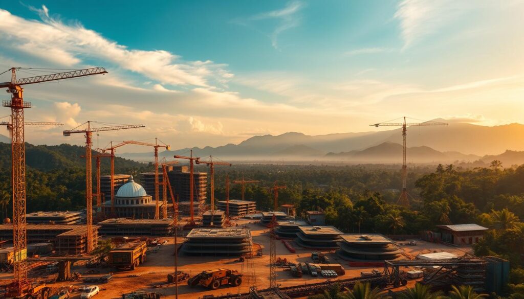 A sweeping panorama of the new capital city under construction, set against a backdrop of lush tropical forests and towering mountains. In the foreground, a network of cranes and scaffolding dot the skyline, as engineers and workers toil to erect the foundations of grand government buildings and sleek, modern infrastructure. The midground is filled with the hustle and bustle of heavy machinery, conveying a sense of ambitious progress. In the distance, the silhouettes of untamed wilderness hint at the challenges of balancing development and environmental preservation. Warm, golden sunlight filters through wispy clouds, casting a tranquil glow over the entire scene, conveying a sense of optimism and determination in the face of Tantangan pembangunan ibu kota baru.
