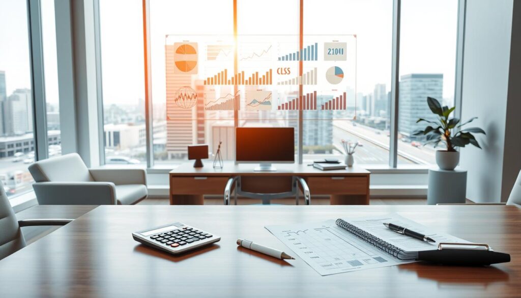 A modern, well-lit office setting with sleek, minimalist furniture and clean lines. In the foreground, a calculator, a stack of financial documents, and a pen lay neatly arranged on a polished wooden desk. In the middle ground, a wall-mounted display showcases various accounting-related charts, graphs, and financial statements. The background features a large window overlooking a bustling cityscape, with skyscrapers and traffic visible in the distance, conveying a sense of the dynamic world of accounting. The overall atmosphere is professional, efficient, and technology-driven, capturing the essence of the accounting profession.