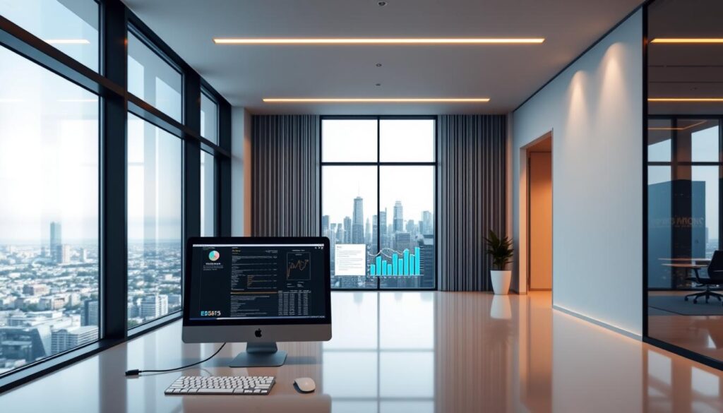 A sleek, modern office interior with clean lines and minimalist design. In the foreground, a desktop computer displays a spreadsheet, representing the data-driven nature of contemporary accounting. The middle ground features a stylized data visualization dashboard, showcasing the integration of technology and analytics that supports accounting processes. In the background, floor-to-ceiling windows offer a panoramic view of a bustling city skyline, symbolizing the interconnectedness of the accounting profession and the broader business landscape. Warm, indirect lighting casts a soft glow, creating a professional and efficient atmosphere. The overall scene conveys the seamless convergence of technology, data, and accounting expertise that defines the modern accounting discipline.