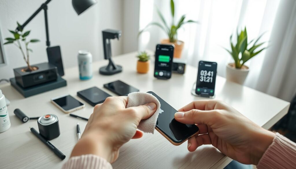 A clean and organized workspace showcasing routine iPhone maintenance. In the foreground, a pair of hands gently inspecting an iPhone, using a soft microfiber cloth to clean the screen, with tools like a small screwdriver and a can of compressed air nearby. The middle ground features a stylish, modern desk with gadgets, including a charging dock and an iPhone displaying a battery status. The background highlights a well-lit room, decorated with tech accessories and a potted plant for a touch of nature. Bright, natural light streams in through a window, creating an inviting atmosphere. The overall mood conveys a sense of care and diligence in maintaining the device, emphasizing the importance of routine care for optimal functionality. A clean and organized workspace showcasing routine iPhone maintenance. In the foreground, a pair of hands gently inspecting an iPhone, using a soft microfiber cloth to clean the screen, with tools like a small screwdriver and a can of compressed air nearby. The middle ground features a stylish, modern desk with gadgets, including a charging dock and an iPhone displaying a battery status. The background highlights a well-lit room, decorated with tech accessories and a potted plant for a touch of nature. Bright, natural light streams in through a window, creating an inviting atmosphere. The overall mood conveys a sense of care and diligence in maintaining the device, emphasizing the importance of routine care for optimal functionality.