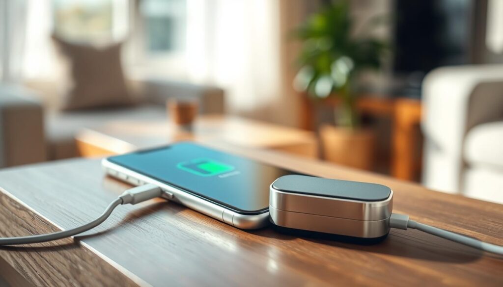 A close-up of a modern iPhone lying on a stylish wooden table, showcasing a charging cable plugged into the device. The background features a softly blurred, cozy living room with warm lighting, enhancing the atmosphere of care and efficiency. In the foreground, a small, elegant battery maintenance device is displayed, emphasizing the theme of battery care. The lighting is bright yet gentle, casting soft shadows to create depth. The iPhone screen shows a battery icon with a healthy charge, symbolizing efficient charging. The scene conveys a sense of professionalism and attentiveness, ideal for illustrating best practices in battery maintenance and charging efficiency. A close-up of a modern iPhone lying on a stylish wooden table, showcasing a charging cable plugged into the device. The background features a softly blurred, cozy living room with warm lighting, enhancing the atmosphere of care and efficiency. In the foreground, a small, elegant battery maintenance device is displayed, emphasizing the theme of battery care. The lighting is bright yet gentle, casting soft shadows to create depth. The iPhone screen shows a battery icon with a healthy charge, symbolizing efficient charging. The scene conveys a sense of professionalism and attentiveness, ideal for illustrating best practices in battery maintenance and charging efficiency.
