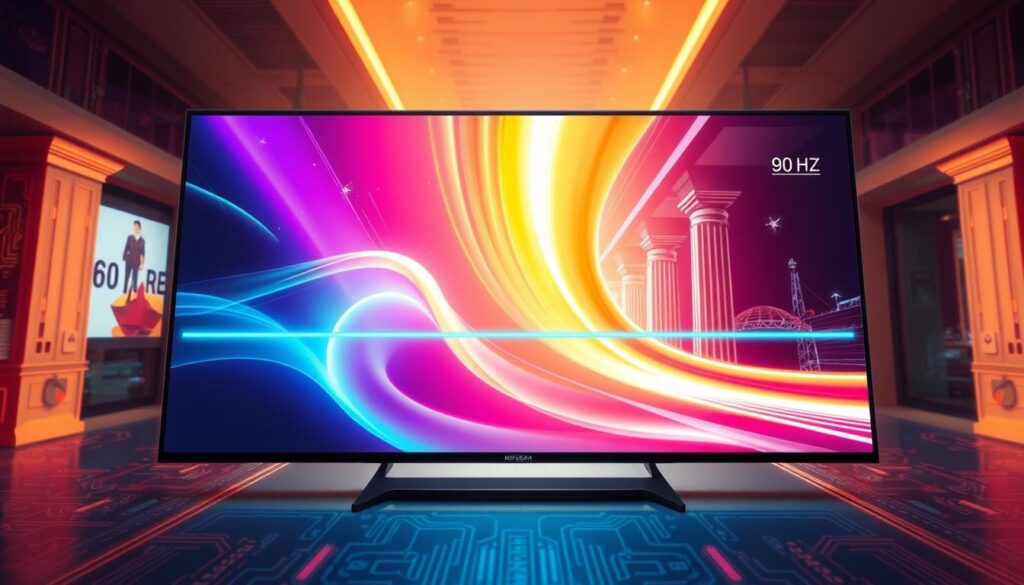 Prompt A vibrant digital illustration showcasing the concept of variable refresh rate. The foreground depicts a high-resolution display panel with a dynamic framerate, ranging from 60 to 90 Hz. The middle ground features smooth scrolling animations and crisp, high-detail graphics, highlighting the fluidity of the variable refresh rate. The background subtly incorporates technical circuitry and architectural elements, evoking the technological underpinnings of this feature. The overall tone is one of clarity, innovation, and the seamless integration of hardware and software for an enhanced visual experience. Lighting is bright, directional, and enhances the sleek, modern aesthetic. The camera angle is positioned to provide an engaging, immersive perspective on the variable refresh rate in action. Prompt A vibrant digital illustration showcasing the concept of variable refresh rate. The foreground depicts a high-resolution display panel with a dynamic framerate, ranging from 60 to 90 Hz. The middle ground features smooth scrolling animations and crisp, high-detail graphics, highlighting the fluidity of the variable refresh rate. The background subtly incorporates technical circuitry and architectural elements, evoking the technological underpinnings of this feature. The overall tone is one of clarity, innovation, and the seamless integration of hardware and software for an enhanced visual experience. Lighting is bright, directional, and enhances the sleek, modern aesthetic. The camera angle is positioned to provide an engaging, immersive perspective on the variable refresh rate in action.