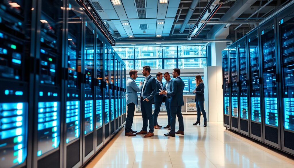 A cutting-edge supercomputer in a modern, high-tech server room, showcasing the HPC6 from Eni SpA. In the foreground, sleek racks of servers emit a soft blue glow, highlighting intricate circuitry and cooling systems. The middle ground features a diverse team of professionals in smart business attire, collaborating over advanced computing displays with graphs and data visualizations, emphasizing innovation and teamwork. The background reveals a panoramic view of the futuristic facility, with large windows allowing natural light to stream in, creating an energetic atmosphere. The scene is well-lit, balancing artificial and natural light, shot from a low angle to capture the grandeur of the supercomputer, evoking a sense of awe and technological advancement.