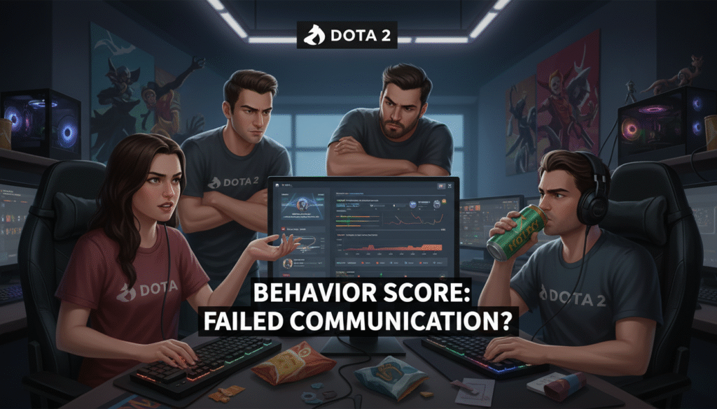 A dynamic and thought-provoking scene depicting a debate among diverse Dota 2 gamers about the controversial Behavior Score system. In the foreground, a group of four players, dressed in casual gaming attire, engage passionately, showcasing varied expressions of frustration, curiosity, and skepticism. The middle ground features a large monitor displaying charts and feedback related to player behavior, with the Dota 2 logo subtly integrated. In the background, a dimly lit gaming room filled with gaming paraphernalia enhances the atmosphere of tension and discourse. Soft, moody lighting highlights the players’ faces, creating a sense of urgency and importance. The overall mood reflects a blend of frustration and anticipation about the future of the community.