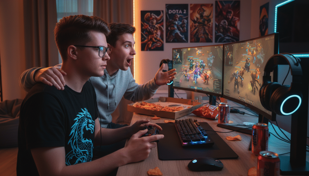 A dynamic gaming scene depicting two friends playing Dota 2 in Turbo mode, seated closely together in a cozy, well-lit room filled with gaming gear. In the foreground, one friend, wearing a casual gaming t-shirt and glasses, intently focuses on the screen, while holding a game controller. The other friend, dressed in a comfortable hoodie, leans in with excitement, discussing strategies. The middle ground features their colorful gaming setup with dual monitors displaying vibrant Dota 2 action, surrounded by snacks and energy drinks. In the background, a wall adorned with gaming posters creates an immersive atmosphere. The lighting is warm and inviting, casting soft shadows that enhance the focused ambiance of a friendly gaming session, reflecting camaraderie and strategic thinking.