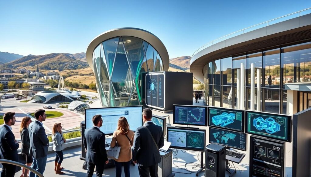 A modern innovation center located in Ferrera Erbognone, showcasing futuristic architecture with sleek glass facades and green technology integration. In the foreground, a diverse group of professionals in business attire collaborate around a high-tech workstation, analyzing data on large digital screens. The middle ground features advanced computing equipment, including servers and monitors displaying complex simulations, conveying a bustling, productive atmosphere. The background showcases the surrounding landscape, with a blend of urban and natural elements, under a clear blue sky. The lighting is bright and welcoming, highlighting the innovation and energy of the space, creating a sense of optimism and forward-thinking. The scene is dynamic yet harmonious, embodying the spirit of innovation at the center.