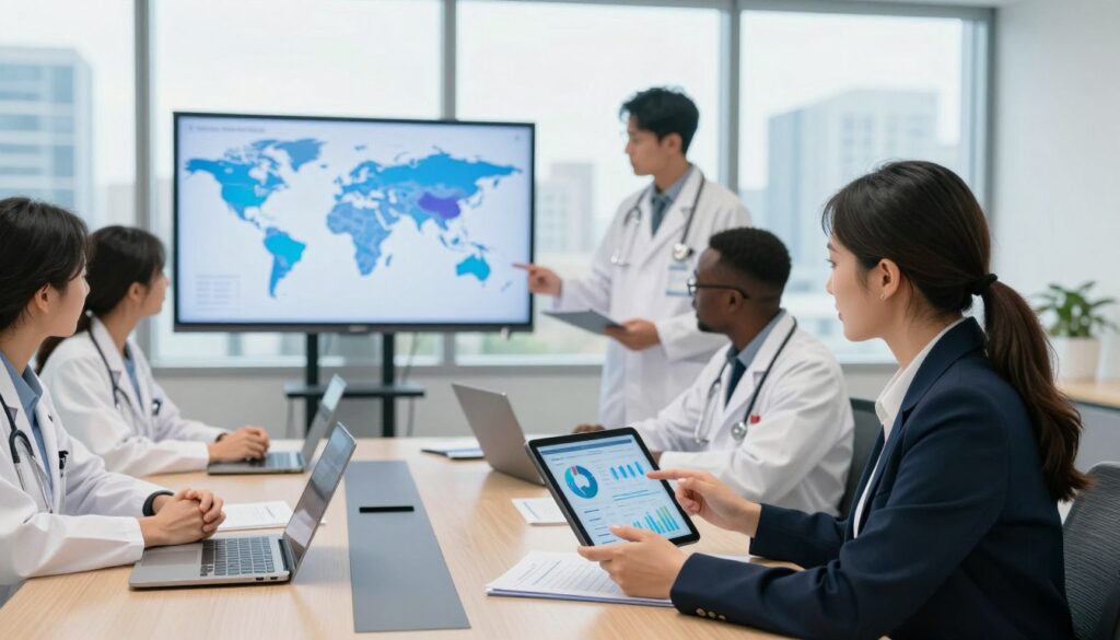 A professional conference room filled with diverse healthcare professionals engaged in a discussion about global health practices and AI technology. In the foreground, a focused woman in smart business attire analyzes data on a tablet, while a mixed group of people - including a Black man and an Asian woman - are reviewing charts on a large screen displaying health statistics worldwide. The middle ground features modern conference table elements like laptops and documents. The background shows large windows with a city skyline, framing a bright, collaborative atmosphere with soft natural lighting. Capture the sense of innovation and teamwork, emphasizing ethical discussions in health tech advancement.