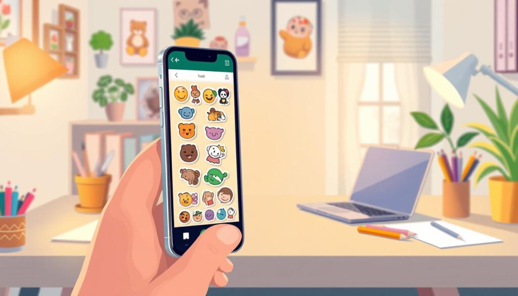 A vibrant and engaging illustration showing a smartphone displaying a sticker creation app interface. In the foreground, the smartphone should showcase colorful, diverse sticker designs, including emojis, cartoon characters, and custom artwork. In the middle, a user's hands can be seen thoughtfully interacting with the screen, perhaps selecting elements for a new sticker. The background features a cozy workspace, with a neatly arranged desk including art supplies like markers, paper, and a laptop to suggest creativity. Soft, natural lighting illuminates the scene, creating a warm and inviting atmosphere, emphasizing productivity and creativity. The image should evoke a sense of inspiration and ease in making custom stickers for WhatsApp.