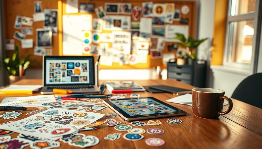 Create an image featuring a well-organized workspace dedicated to sticker design. In the foreground, display a wooden table cluttered with vibrant sticker concepts, including sketches and colorful digital designs on a tablet. In the middle ground, incorporate elements like markers, a laptop open to a graphic design software interface, and a cup of coffee. In the background, place a corkboard adorned with inspiration images, color palettes, and design tips pinned up for easy reference. Utilize warm, natural lighting to evoke a creative and inviting atmosphere, ensuring a soft focus effect on the background elements while keeping the foreground sharply defined. The overall mood should inspire creativity and productivity around custom sticker design.