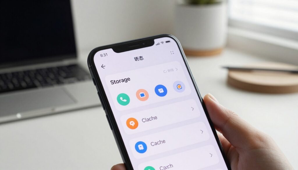 A clean and modern smartphone interface displaying the Xiaomi settings app, specifically focusing on the "Storage" and "Cache" sections. In the foreground, the screen is illuminated, showcasing vibrant icons with a clear layout emphasizing cleanliness. The background features an elegant, minimalist workspace with soft focus, including a laptop and tidy desk accessories to create a calming atmosphere. Natural light pours in from a window, casting gentle shadows. Use a close-up angle to highlight the smartphone, making it the focal point, while maintaining a professional look. The mood is efficient, encouraging organization and tidiness, reflecting the theme of keeping storage and cache clean.