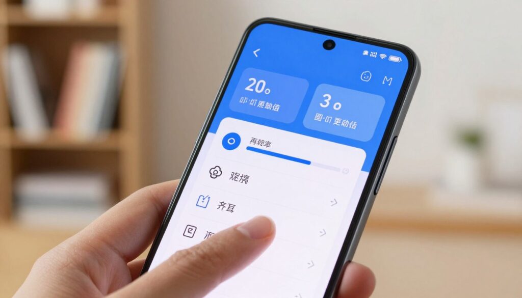 A close-up shot of a Xiaomi smartphone screen displaying the brightness and refresh rate settings interface. The screen showcases a vibrant, detailed menu with bright icons and sliders for adjusting brightness and refresh rate, with a soft blue and white aesthetic. In the foreground, a hand holding the phone gently interacts with the settings, emphasizing the user-friendly design. The background features a cozy, well-lit room with a blurred bookshelf, evoking a sense of comfort and focus on technology. The lighting is bright but soft, highlighting the details of the screen without harsh reflections. The overall mood is informative and modern, capturing the essence of controlling power consumption efficiently.